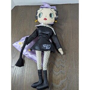 VTG '99 Betty Boop Doll Halloween Witch Magic Cape Broom Black Cat Whimsical 17"